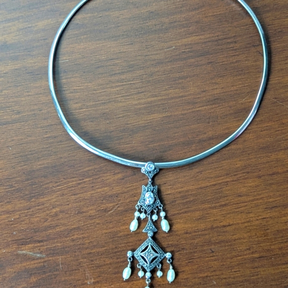 Antique Edwardian Sterling Silver and Marcasite Lavaliere And CHOKER - Picture 9 of 10